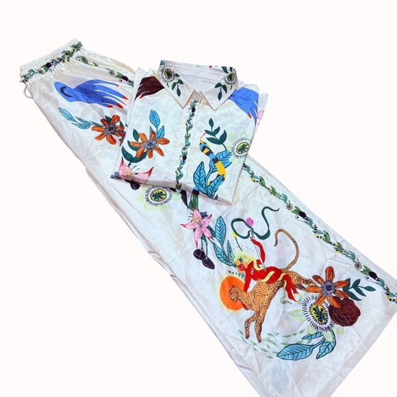 Summer Vibe 2 Piece Set Size 3XL Satin Chic Art Short Sleeve Shirt Wide Leg Pant - Picture 9 of 16